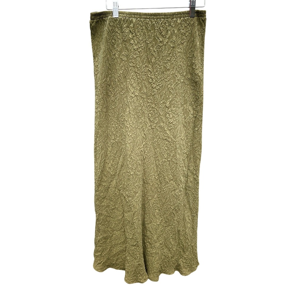 URU Silk Maxi Skirt One Size Olive Green New Hand Dyed Floral Jacquard Lagenlook